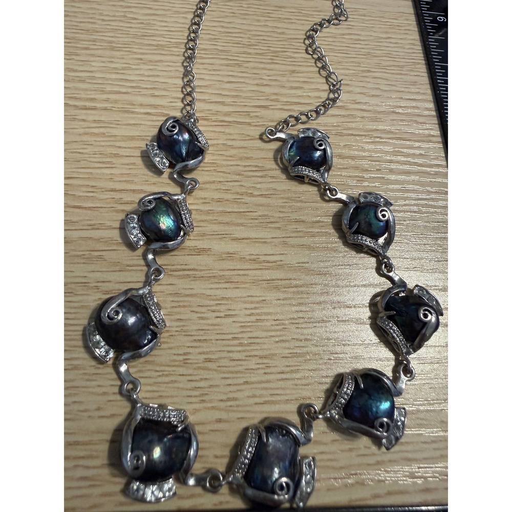Black Peacock Pearl Rhinestone Silver‎ Tone Scroll Statement Necklace Adjustable
